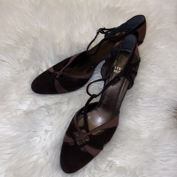 Stuart Weitzman Brown Suede Satin Mary Jane Pumps Heels  Sz 9. - Picture 2 of 7